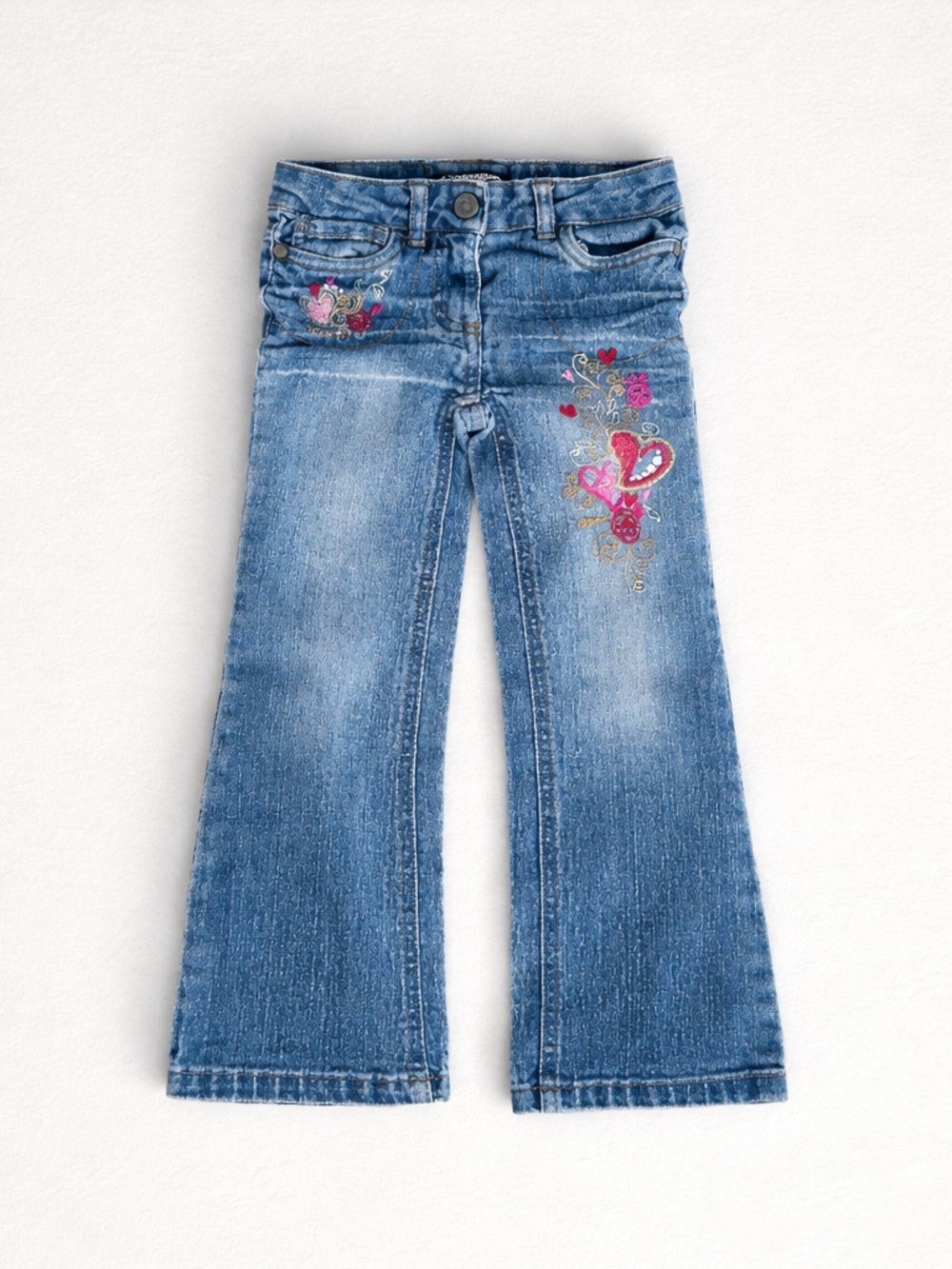 Y2K 4T Cotton Blue Skinny Jeans with Pink Floral Embroidery